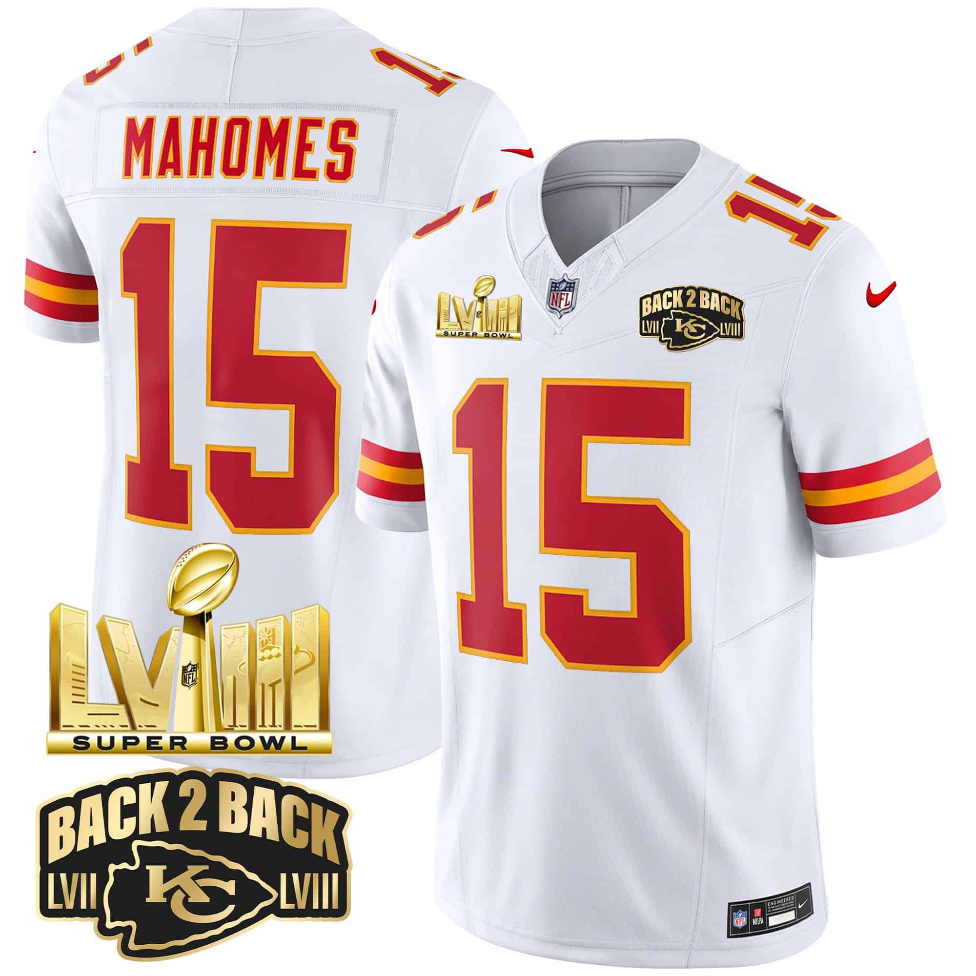 Men Kansas City Chiefs 15 Mahomes White 2024 Nike Super Bowl LVIII & Back 2 Back Gold Patch Vapor NFL Jersey